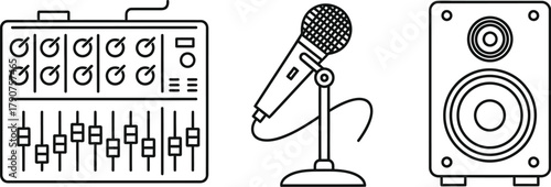 A mixing board, microphone, and speaker are shown in a line drawing.