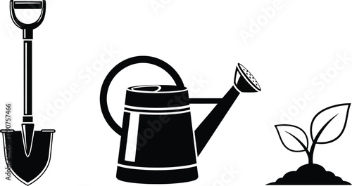 A shovel, watering can, and seedling represent gardening tools and the growth of plants.