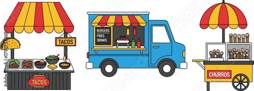 Illustration of a taco stand, a food truck, and a churro cart.