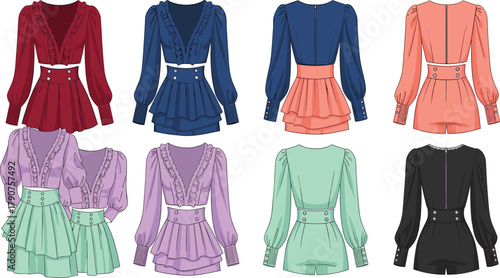 Women’s outfit illustration, lace-trimmed top, puffed sleeve design, pleated skirt or shorts, color variation, fashion mockup, trendy apparel, vector sketch, garment set