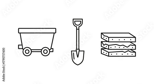 Mining icons: cart, shovel, and ore layers in a simple line art style.