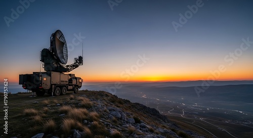 A large antenna array atop a mountain watches the horizon during sunset. A mobile vehicle sits in a stunning landscape