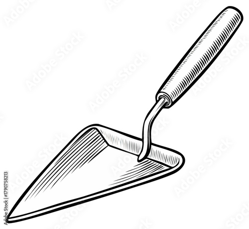 Illustration of a trowel tool with a wooden handle for masonry and gardening work, a vector engraving style drawing