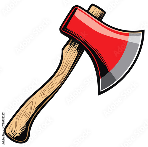 Cartoon style red felling axe with a wooden handle vector graphic illustration
