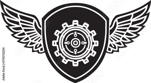 Mechanical Wings Emblem: A striking black and white emblem featuring mechanical gear inside a shield, flanked by stylized wings, creating a sense of power and innovation.