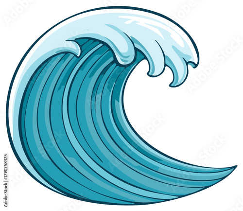 Stylized Blue Ocean Wave Breaking with White Foam