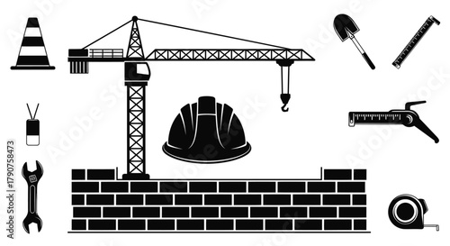 A collection of construction industry equipment and building materials is displayed.