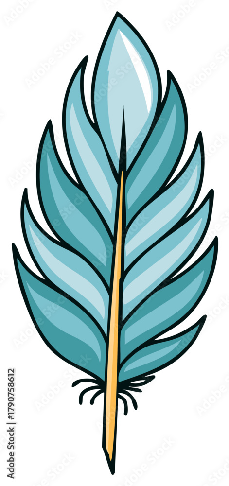 Obraz premium Delicate blue feather with black outlines and yellow quill artistic illustration