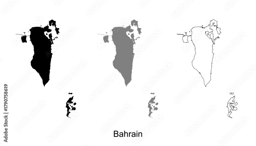 Naklejka premium Bahrain map set. Bahrain map vector. Bahrain map on silhouette, gray, and outline