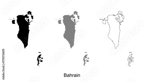Bahrain map set. Bahrain map vector. Bahrain map on silhouette, gray, and outline