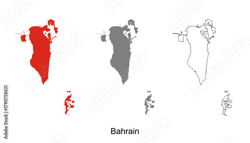 Bahrain map set. Bahrain map vector. Bahrain map on red, gray, and outline