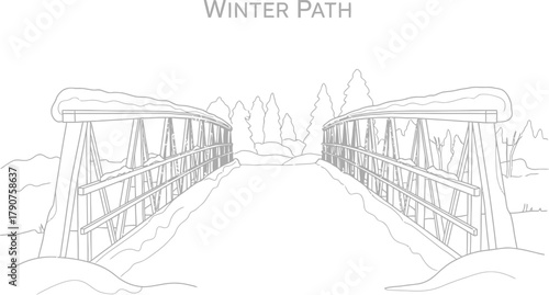 Snowy bridge over a winter path in a simple black and white line drawing style