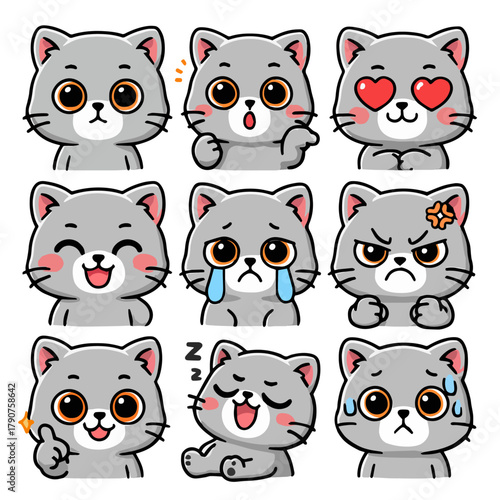 A set of cute anime cats illustrations doing different activities with different expressions.Stickers or badges. British Shorthair