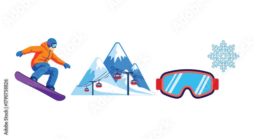 A snowboarder performs a jump near snowy mountains and ski lifts, with goggles and a snowflake.