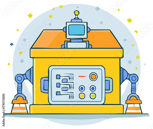 Cartoon Robot Machine: Yellow, Orange, and Blue Design with Display, Buttons, and Arms
