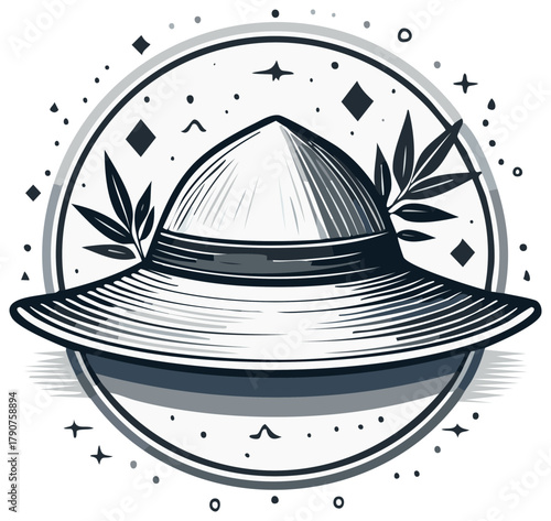 Conical Asian Hat Sketch Design with Leaves and Stars inside a Circle for Crafts