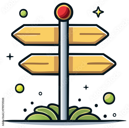 Cartoon Directional Signpost with Two Yellow Arrow Signs, Stars and Green Bushes