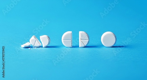 A sequence of white pills on a blue background, showing a whole pill, a pill split in half, and a crushed pill.