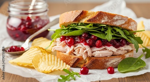 Delicious Turkey Sandwich with Cranberry Sauce and Arugula Served with Crispy Potato Chips on White Paper a Holiday Food Feast Composition