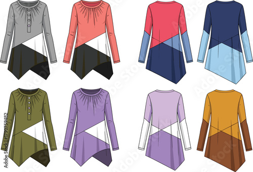 Women’s tunic top illustration, long sleeve design, geometric color block style, fashion mockup, modern apparel, trendy clothing, vector sketch, garment variation