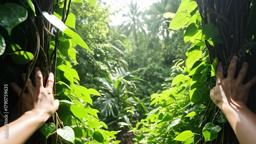 Hands touching vines in a lush green jungle environment, connecting with nature and enjoying 