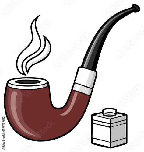 Classic Wooden Smoking Pipe with Rising Smoke and Tobacco Container Illustration