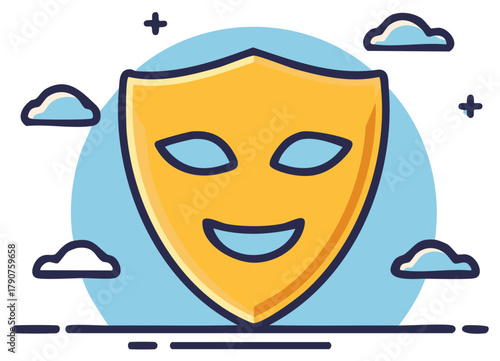 Cartoon icon of a happy yellow theatrical mask for comedy performance and entertainment concepts