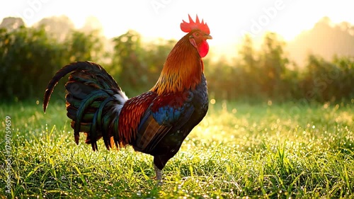 The stunning rooster perched on the dew covered grass is belting out its morning crow as the first light of dawn glistens on its vibrant feathers