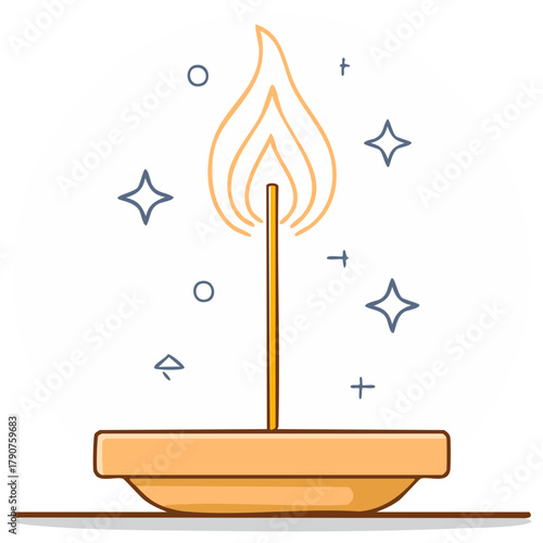 Fragrant Incense Stick Burning Gently in a Traditional Holder with Subtle Sparkles Line Art