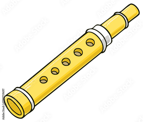 Cartoon yellow recorder musical instrument with six holes and white rings on ends