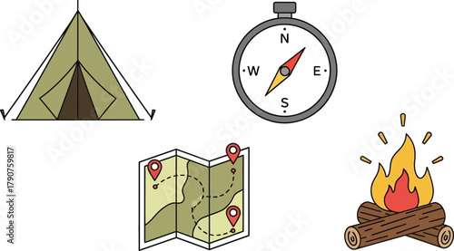 A tent, compass, map, and campfire represent outdoor adventure and camping activities.