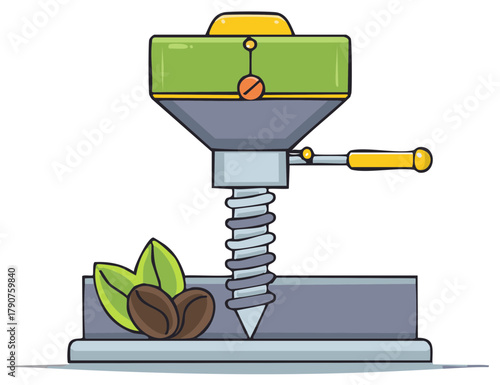 Drill Press Machine With Coffee Beans and Leaves Symbolizing Coffee Production