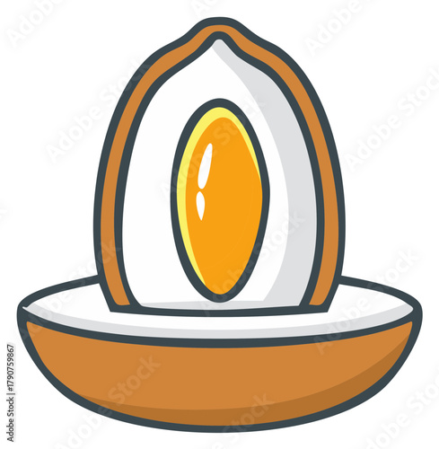 Cartoon illustration of a perfectly cooked boiled egg cut in half with a bright yellow yolk in an egg cup