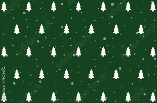 White pine tree pattern lined up with falling snow around on dark green background, gift wrapping paper pattern template, Christmas fabric pattern.