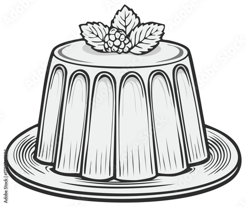 Monochrome vector illustration of a jelly pudding dessert with raspberry and mint garnish.