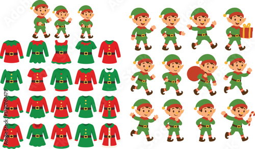 christmas elf character set with costumes and poses 