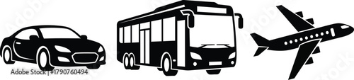 A black silhouette of a car, a bus, and an airplane are displayed side by side.