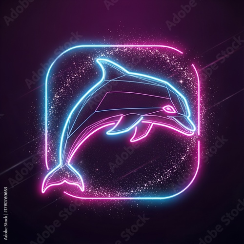 Neon dolphin silhouette in blue and pink glow on dark background  