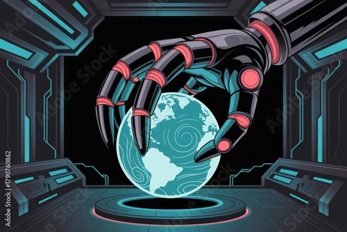 Robot hand holding glowing earth in futuristic room