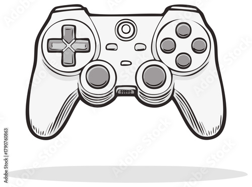 Monochrome drawing of a video game controller isolated on a white background