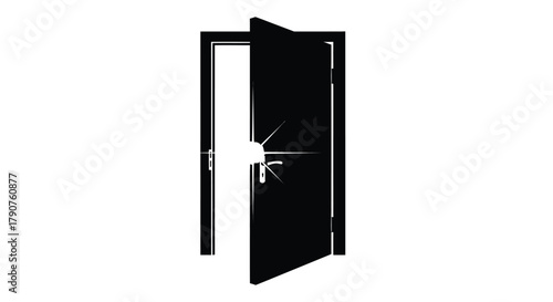 A partially open black door with a silver handle against a white background.
