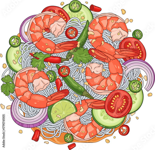 Thai Yum Woon Sen Glass Noodle Salad Detailed Vector Illustration