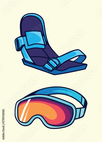 Illustration of Snowboard Bindings and Goggles For Skiing or Snowboarding Equipment