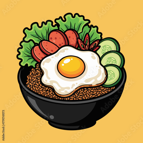 Indonesian Nasi Goreng Fried Rice Cartoon Vector Illustration
