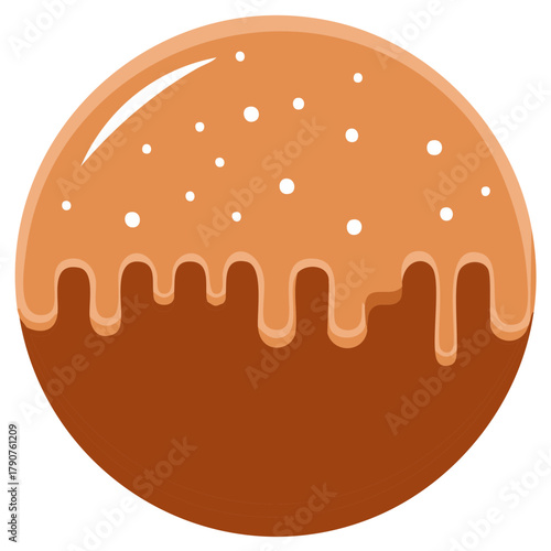 Round chocolate doughnut with caramel topping, sweet food illustration.
