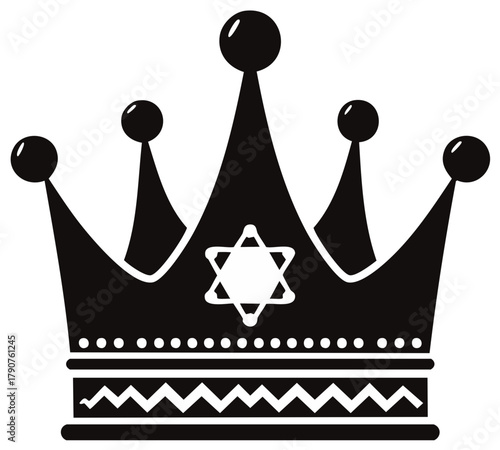 Regal Crown Icon Featuring Star of David Crest Graphic Black and White Design Element Vector Illustration
