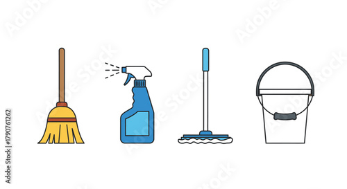 A broom, spray bottle, mop, and bucket are arranged in a line.