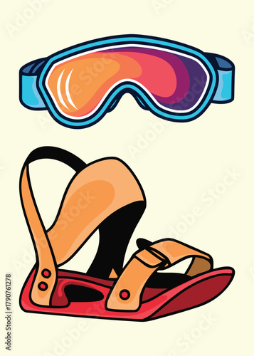 Clip Art of Snowboard Bindings and Goggles For Winter Sports on Snowy Mountain