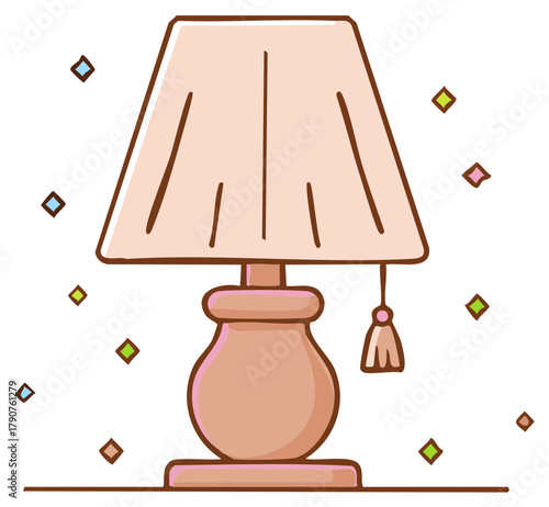 Illustrated Table Lamp with Tassel and Diamond Sparkles on White Background