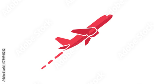A red airplane is ascending against a white background with a dashed trail.